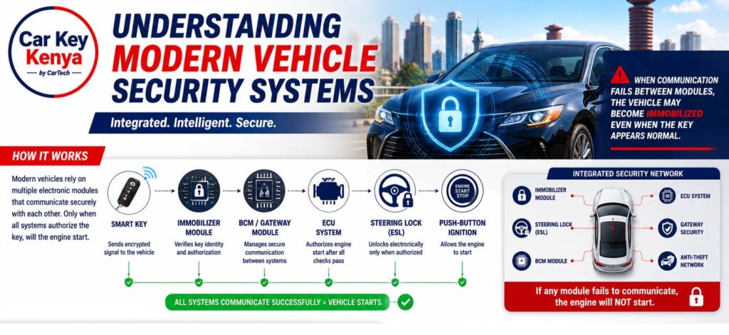 Understanding Modern Vehicle Security Systems Service Page. The relation between the push to start button, the smart key, immobilizer module, BCM / Gateway Module, ECU system and the ESL steering lock.